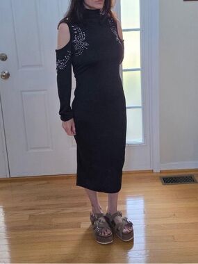Black Cold-Shoulder Midi Dress with Embellished Detail